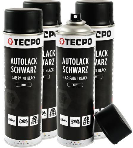 TECPO Lackspray schwarz matt, 4x500ml Autolack Rallyschwarz Sprühlack Farbspray mit hoher Deckkraft für Innen- und Außenbereich