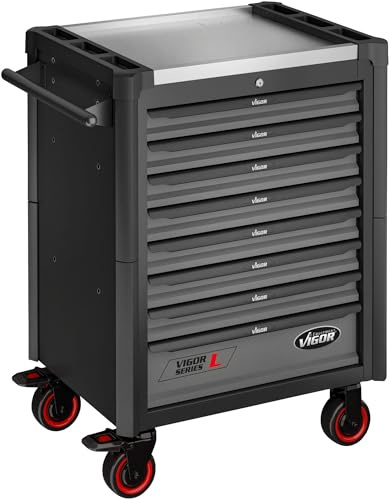 VIGOR Verkstadsvagn Series L, tom, V1901-X, 8 lådor, rostfritt stål arbetsyta, pulverlackerad, 500 kg lastkapacitet, med handtag, centralt lås, 723 x 459 x 1002 mm