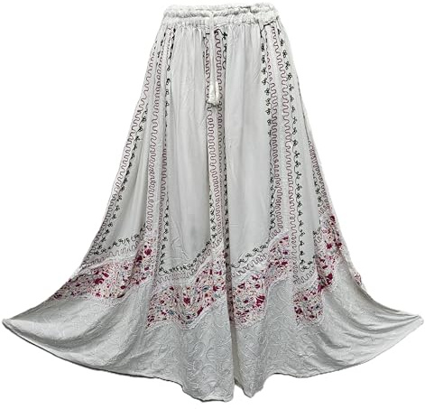 Doorwaytofashion dam viskos maxikjol, utsvängd med sidfickor, elastiskt midjeband, dragsko, broderad, en storlek passar UK 12-22, Elfenben, En Storlek