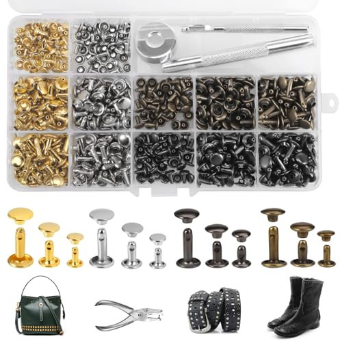 Huiguli 240 Pièces Rivets pour Cuir, 3 Tailles Pince à Rivet Métal avec Outil de Fixation, 12mm 8mm 6mm, Double Casquette Rivets Cuir Set pour DIY Cuir Artisanat Vêtements Chaussures, 4 Couleurs