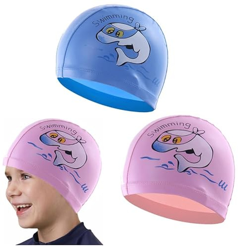 Cuffia Piscina Bambino, Piscina Bambini, Cappello per Sport Acquatici Impermeabile Cuffia da Bagno Elastica Bella Cuffia da Piscina per Cartoni Animati per Ragazzi e Ragazze, Blu/Rosa