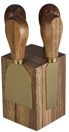 Mafagwre Käsemesser-Set Mit Holzblock, 5-teiliges Edelstahl Käsezubehör, Käsemesser-Block, Magnetischer Holzblock, Servieren Verschiedener Käsesorten, Käsebesteckteile Als Geschenkartikel (Gold)
