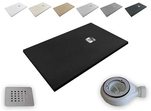 Plato de Ducha Resina Aligerado Extraplano Aligeres® -Todas las medidas disponibles -Antideslizante Textura Pizarra - Incluye Válvula desagüe+Rejilla (NEGRO RAL 9005, 70x80)