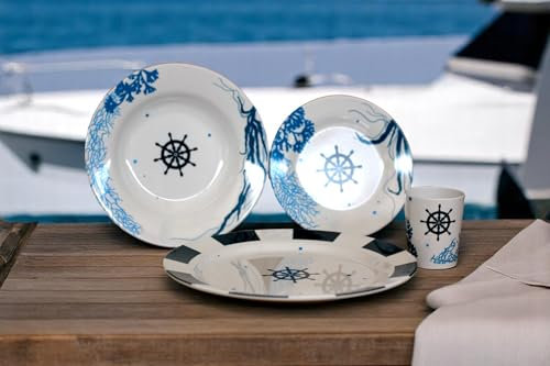 Dekorah Elegante juego de platos para 1 persona. Ideal para barcos. Juego náutico de melamina. Resistentes, ligeros y perfectos para yates, barcos y camping.