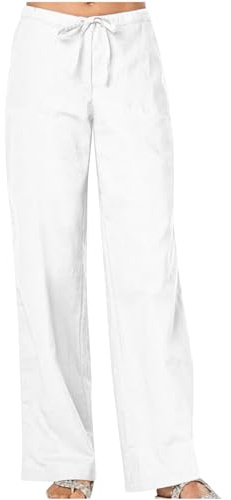 Plus Size Linen Trousers Linen Trouser Womens UK Casual Smart Palazzo Pants Elasticated Waist Loose Fit Plain Cotton Linen Straight Leg Work Going Out Beach Pants with Pockets White