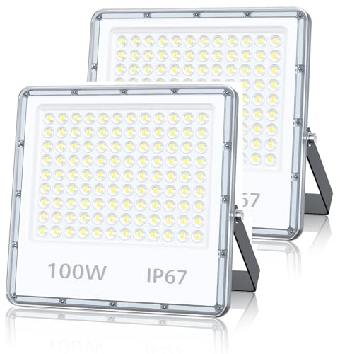 TOPAUBUB Projecteur Spot LED Extérieur 100W, Lampe Phare LED Exterieur Etanche IP67 10000LM Blanc Froid 6500K pour Jardin(2 Pièce)