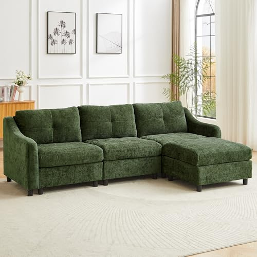 JIEXI Ecksofa Mit Schlaffunktion Kordsofa, L Form Couch, Ecksofa Eckcouch, Schlafsofa, 251cm (Dunkelgrün 3 Sitze +1 Hocker)