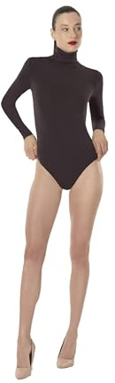 Wolford Seamless Wool String Body For Women Long Sleeve Turtleneck Merino Bodysuit With Snap Gusset Brown Dark Wood Large