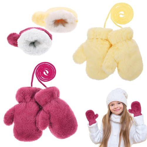 Manoplas Cálidas para Niños, 2 Pares Guantes Invierno con Forro Polar, Manopla de Nieve de Invierno con Cuerda Cuello, Mitones Cálidos de Invierno para Niños 3-7 años, 18 * 9cm (Amarillo + Rosa)