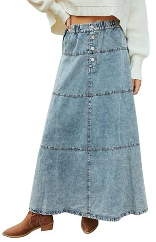 Runstarshow Denim Skirts for Women UK Elastic High Waist A-Line Maxi Tiered Button Down Jean Skirt Summer Clothes Plus Size S-XL/UK 8-16