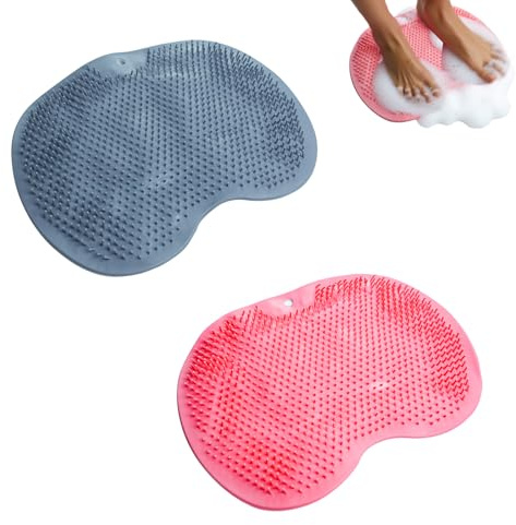 Lot de 2 Tapis de Nettoyage pour Le Dos en Silicone Brosse Pieds Douche, Brosse Pieds Douche avec Antidérapant Ventouses, Tapis de Massage en Silicone pour Soins Dos Pieds, Nettoie (Gris, Rose)