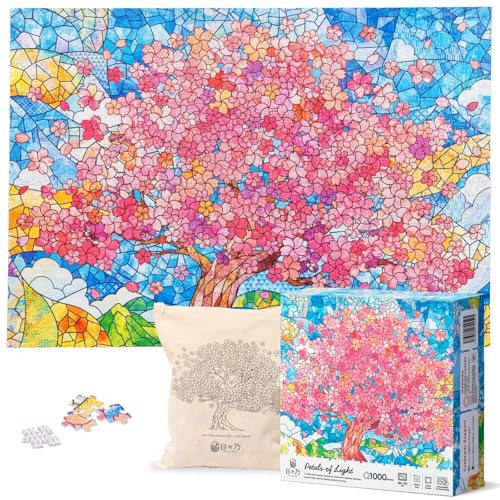 HIBINO | 1000 Piece Puzzle for Adults | Japanese Sakura Stained Glass Jigsaw Puzzle | Lettered Backs, Cotton Bag & Poster | Challenging Relaxing Adult Puzzles |「Petals of Light」| Designed in Japan