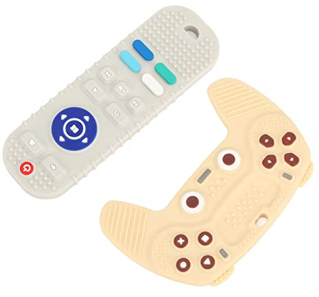 Fdit Paquete de 2 Juguetes de Silicona para la Dentición del bebé, Forma de Control Remoto de TV, Mordedores Sensoriales Educativos para Masticar con Textura Llena de Baches, (Beige)