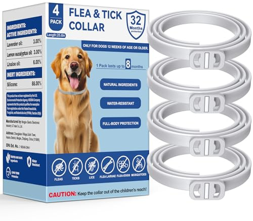 KOOSA Flea and Tick Collar for Dogs, 4 Packs Flea Collar for Dogs with Natural Essential Oils, Waterproof & Adjustable Flea and Tick Prevention Collar for Small Medium Large Dogs & Puppies, Grey