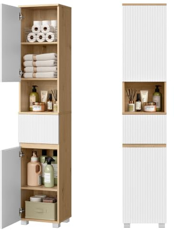 EUGAD Mueble de Baño, Armario de Baño Alto con 2 Compartimentos con Puerta, 1 Abierto, 1 Cajón y Estantes Ajustables, 35 x 30 x 176,5 cm, Madera de Ingeniería, para Espacios Reducidos, Blanco + Roble