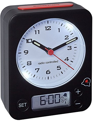TFA-Dostmann 60.1511 Radio Despertador Combo Reloj Despertador de Viaje analógica, Negro-Rojo con baterías