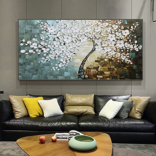 Pittura Ad Olio Su Tela Dipinto A Mano Con Coltello Palette,Quadri Astratti Con Texture Di Paesaggio,Albero Di Fiori Bianchi Su Blu E Marrone ,Decorazione Murale Europea Moderna Di Grandi Dimensi