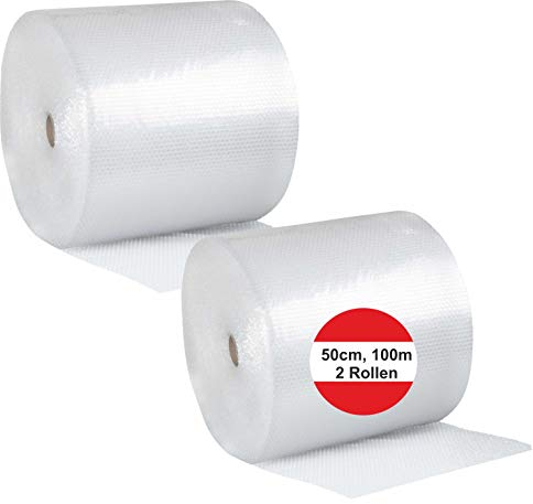 dieLUFTPOLSTERFOLIE Luftpolsterfolie 2x 50cm x 100m Verpackungsfolie Luftpolster Rolle Blisterfolie Noppenfolie Polsterfolie Umzug 0,5m Knallfolie Polstermaterial Versand Transparent Umzugfolie