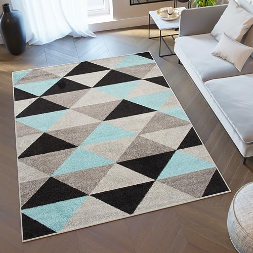 TAPISO Lazur Teppich Kurzflor Geometrisch Figuren Dreieck Grau Hellblau Schwarz Wohnzimmer Schlafzimmer Modern Design ÖKOTEX 80 x 150 cm