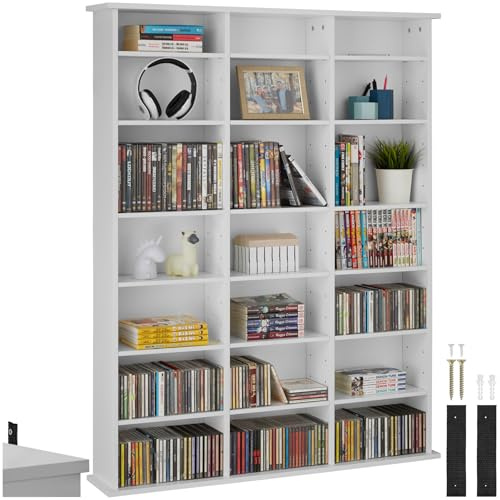 tectake® CD Storage Unit in Wooden Look with Height-Adjustable Shelves, Multipurpose Bookcase for CDs, DVDs, Books, Games, Durable & Stable Shelving Unit for Living Room, Bedroom, Office - Matt White