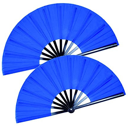 HONSHEN Paquete de 2 abanicos de mano plegables grandes, abanicos chinos azules de Kung Fu Tai Chi de tela de nailon para hombres y mujeres, actuaciones, bailes, decoraciones, festivales, regalo
