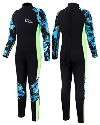 Yikayin Neoprenanzug Kinder, 2.5mm Lang Neopren Schwimmanzug Rücken-Reißverschluss, Warm Taucheranzug Jungen Mädchen zum Tauchen, Surfen, Schwimmen, Kajakfahren, SUP - Grüne Teens S