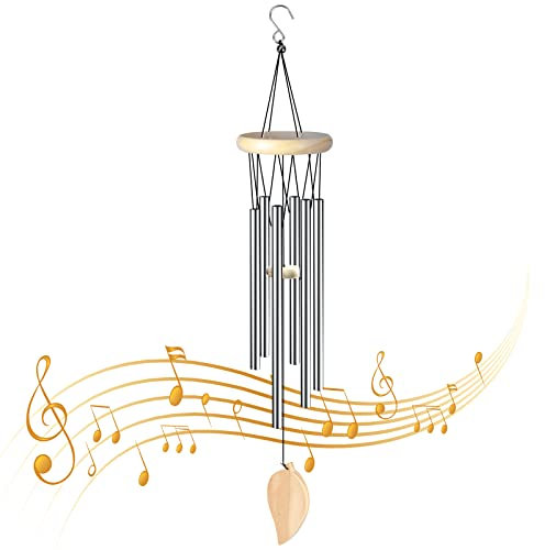 Suchkawe Wind Chimes With 6 Aluminum Tubes for Indoor and Outdoor - Metal Bells With Wooden Block & Hook Home Decor (Silver)