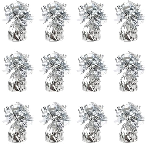 Pesas de globo de aluminio para globos de helio en lámina plateada, 12 x 160 g, peso pesado para globos de cumpleaños, boda, celebración, decoración con borlas