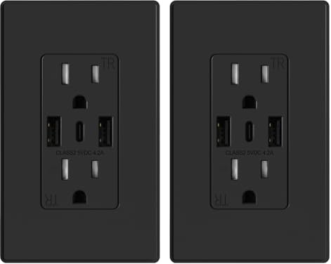 ELEGRP USB Wall Outlets, 3-Ports Type C Wall Outlets Receptacles, Matte Black 15 Amp Outlets with 3 Ports, TR Tamper-Resistant Outlets, Screwless Wall Plate Included, UL & CUL Listed, 2 Pack