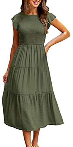 Yuson Girl Kleid Damen Sommerkleid Lang Casual Rundhals Flatterärmel Maxikleider Sommer Knielang Strandkleid Elastische Taille Lang Kleider Gestuftes Rüschen A Linie Kleid(Grün, M)