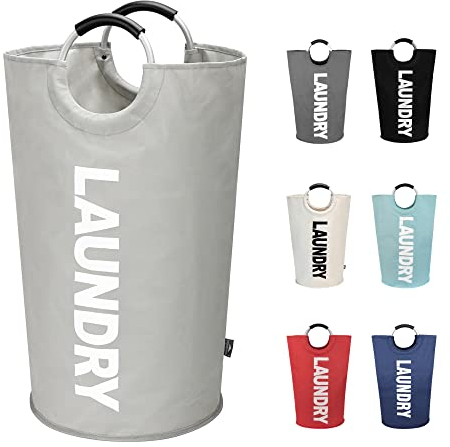 DOKEHOM 90L Large Laundry Basket, Collapsible Laundry Bag, Freestanding Tall Clothes Hamper, Foldable Washing Bin (Grey)