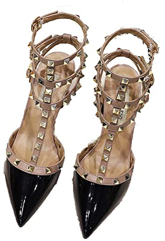WOkismD Décolleté con Punta a Punta da Donna Rivetto alla Moda con Borchie Tacco Medio Tacco Largo T-Strap Slingback Tacchi Spessi Sandali Scarpe Eleganti da Festa di Nozze,Nero,40