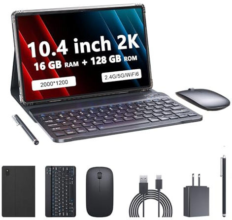 PEICHENG Tablet with Keyboard and Case, Android 13.0 10.4 Inch, 16GB RAM+128GB ROM, 2000 * 1200 2K FHD Display, Powerful 2.0Ghz CPU, 2.4G and 5G and WiFi 6, Bluetooth 5.0, 2 in 1 Tab, Black