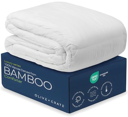 Olive + Crate Cooling Down Alternative Comforter - Hypoallergenic Queen Size Duvet Insert Lightweight - All Seasons Plush Design Bamboo Comforter - 100% Bamboo Viscose Outer Cover - White 88x90