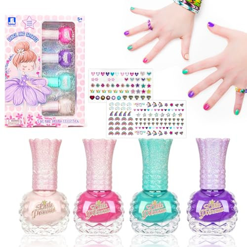 Kindernagellack Ungiftig Set 4 , abziehbarer Nagellack speziell für Kinder, Peel-Off- nagellack, Glitzer/Rosa, Glitzer/Nackt Rosa, Grün, Violett, 10ml