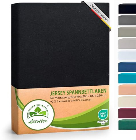 leevitex® Luxus Elasthan Jersey Spannbettlaken | 90x200 – 100x220 cm | Multistretch | 250 g/m² | 92% Mako-Baumwolle und 8% Elasthan | 40cm Steghöhe | außergewöhnlich hochwertige Ausführung | Schwarz