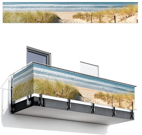 MuchoWow© Balkon Seitensichtschutz Einseitig 80x500 cm Groß PVC Terrassen Gartensichtschutz ohne Bohren Wetterfest Zaun Schutz Terrasse Balcony Decoration Strand - Meer - Düne - Sand - Sommer