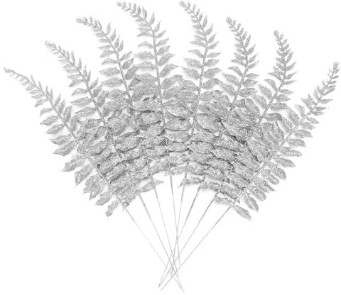 16Pcs Christmas Glitter Leaves Artificial Boston Fern Leaf Picks for Xmas Tree Decoration Vase Filler Flower Arrangment Hallloween Christmas Wreath DIY Crafts Decor (Silver)