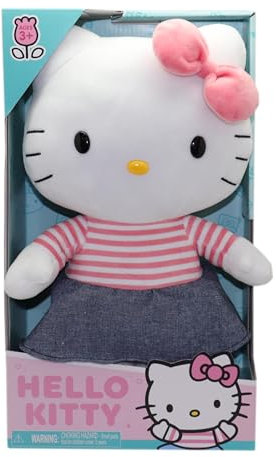 Hello Kitty 30 cm Plüschtier – mit Jeansrock und rosa gestreiftem Oberteil, weich und kuschelig, Altersgruppen – inklusive Geschenkbox, entzückbares Sammlerstück