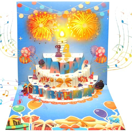 YESLUSY Carte d'anniversaire Pop-up, Carte d'âge avec Musique, Lumières et Chiffres, Carte de Voeux de Feux d'artifice 3D, Cadeau d'anniversaire Pour Enfants, Femmes, Hommes (Bleu Clair)