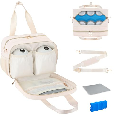 PIIOSER Breastmilk Cooler Bag with Ice Pack, Fits 6 Baby Bottles Up to 9 Ounce, Insulated Bottle Travel Bags with Shoulder Strap-Wearable Breast Pump Carrying Case for Nursing & Working Moms (Cream)