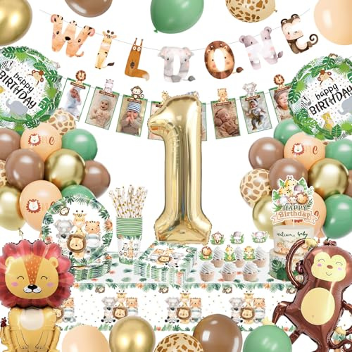 Decoration Anniversaire 1 an, Decoration Anniversaire Garçon Fille, Safari Jungle Thème Party Ornements Avec Ballons, Bannière Animal, Nappes, Platos y Vasos Para Cumpleaños pour 20 Invitése