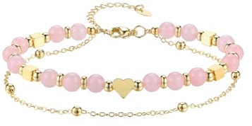 Jovivi Rose Quartz Heart Bracelet for Women,Natural Stone Healing Crystals Gemstones Pink Beads Gold Bracelet For Women Ladies Jewellery Gifts for Mum Birthday
