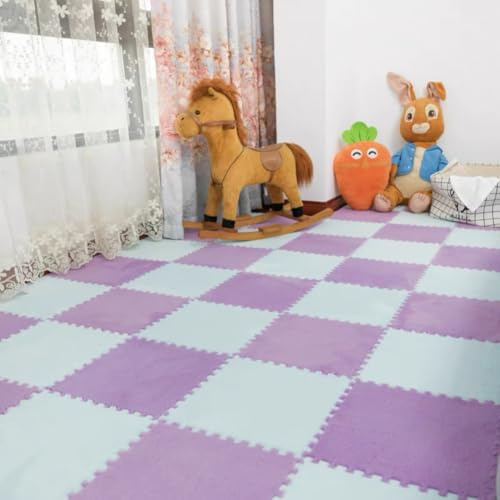 10pcs Tiled Puzzle Play Mats 12''x12''x0.4'' Interlocking Shaggy Fluffy EVA Foam Mats Protective Floor Mat,Decorative Area Rugs Carpet Floor Mat for Bedroom (Blue Purple)