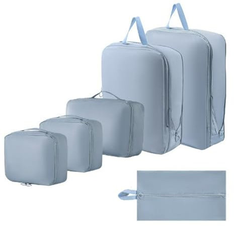Bldrwer Organizador Maleta, 6 Piezas Bolsas Organizadoras Maleta, Cubos de Embalaje Impermeables para Maleta Mochila, Bolsas de Almacenamiento de Compresión para Artículos Esenciales de Viaje, Azul