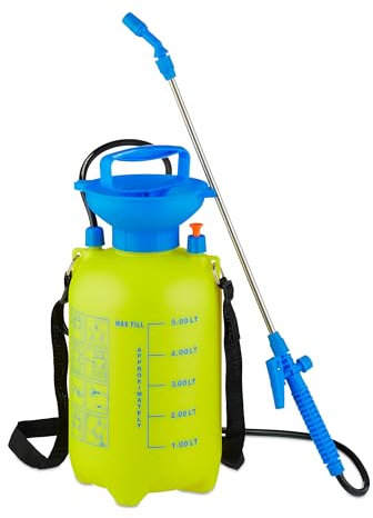 Relaxdays Drucksprüher mit Lanze, 5 Liter, verstellbare Düse, Pflanzenpflege & Reinigung, Sprühflasche Garten, gelb/blau