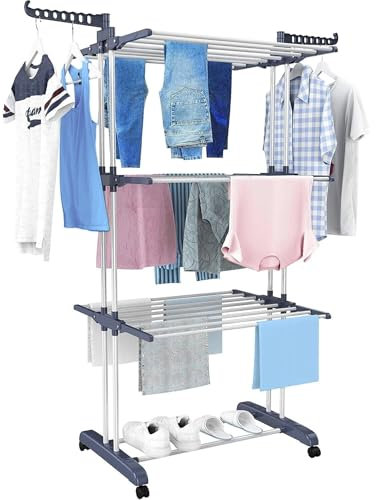 Hyfive 4 Tier Clothes Airer Drying Rack Folding Clothes Horse Hanger for Indoor/Outdoor Laundry, Garment Dryer Folds Flat for Storage
