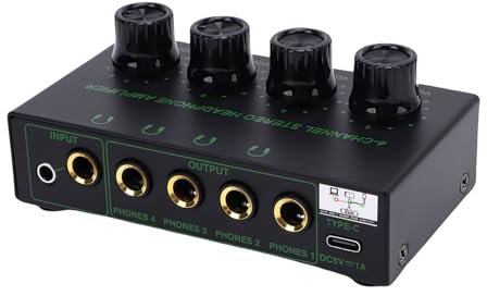 Denash 4 Channel Headphone Amplifier, USB Powered Headphone Amp with Individual Volume Control for Studio & Multi Listener Monitoring