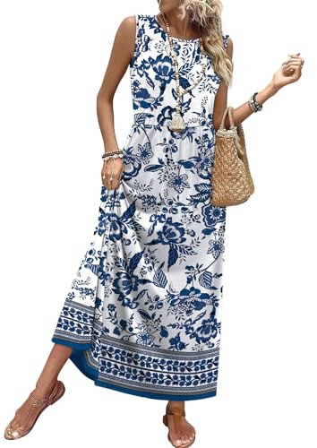 Dresses for Women 2026 Elegant Classy Maxi Summer Dresses Beach Vacation Outfits Spring Clothes Ethnic Floral Blue Sundresses with Pockets M