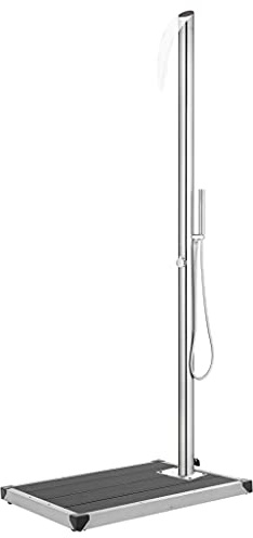 LoogCape Trädgårdsdusch med grå bottenplatta 225 cm rostfritt stål WPC pool dusch med vattenfall handdusch för utomhusbruk poolskötsel och vattentillbehör